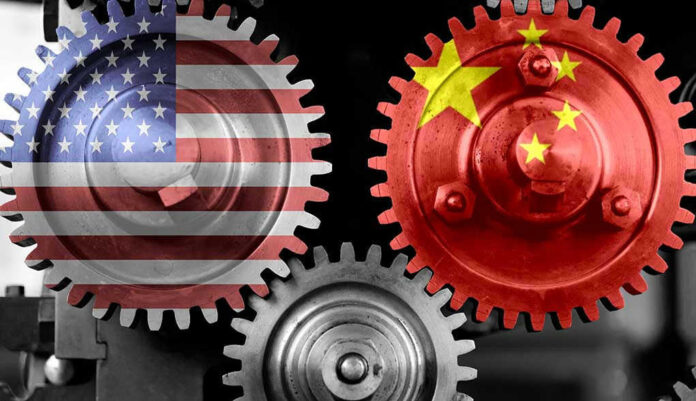 1849129522 Interlocking gears with USA and China flags