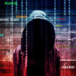 Hooded figure with cybersecurity terms and binary code background.