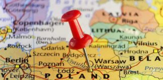 A map of Poland with a red pushpin marking the location