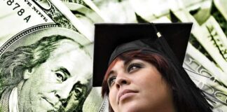 Young woman in graduation cap looking upward with money in the background
