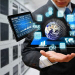 Businessman holding virtual data and analytics hologram