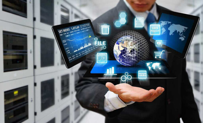 Businessman holding virtual data and analytics hologram