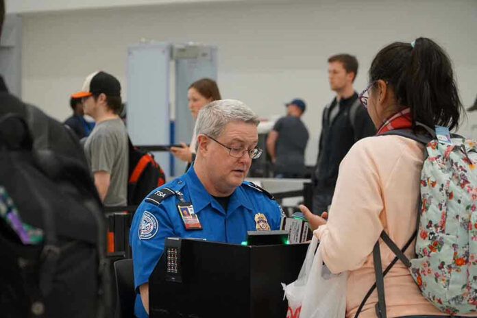 TSA agent checks passengers documents at airport security