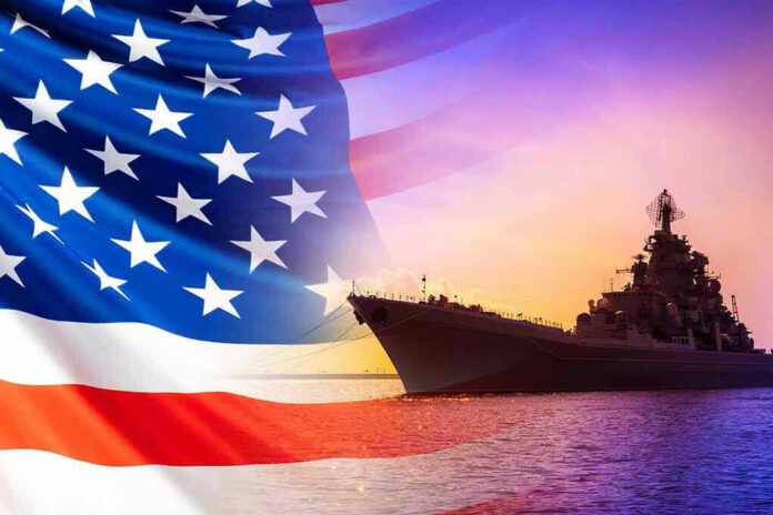 American flag overlaying warship at sunset
