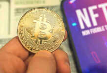 Delivery Imposter’s $11M Crypto Heist Person holding Bitcoin coin, NFT text on screen.