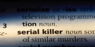 Close-up of a dictionary page showing the definition of 'serial killer'