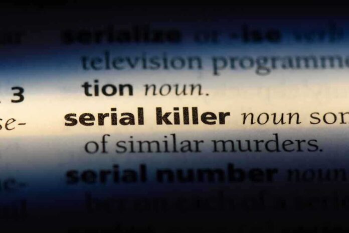 Close-up of a dictionary page showing the definition of 'serial killer'