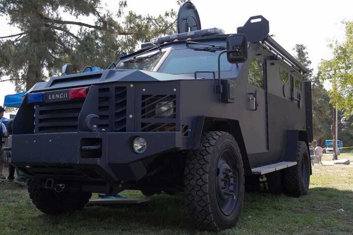 An armored Lenco BearCat vehicle displayed outdoors