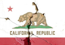 California’s Fraud Accusation: $10 Billion Freeze Cracked California Republic flag on a wall.