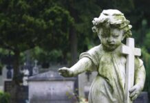 Grave Robber Shocks Philly: 100 Skulls Found Weathered statue of a child angel holding a cross in a cemetery