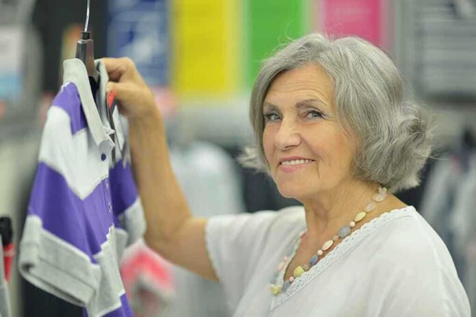 Senior woman smiling while holding a purple and gray shirt in a clothing store