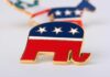 Musk’s $10M Donation Shakes Senate A red, white, and blue elephant pin representing the Republican Party