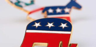A red, white, and blue elephant pin representing the Republican Party