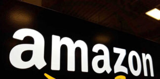 Amazon logo with yellow curved arrow underneath.