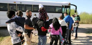 Families and children waiting in line near a bus