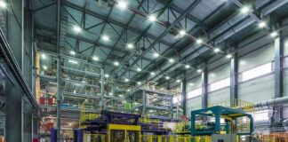 Interior view of a modern industrial facility with manufacturing equipment