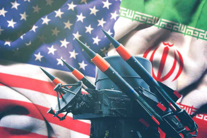 Missiles in front of American and Iranian flags.