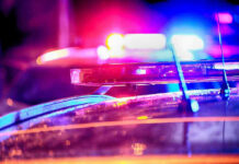 Close-up of police car lights flashing at night.