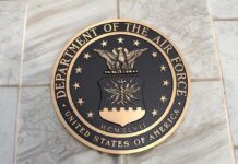 Bronze seal of the Department of the Air Force on a tiled surface