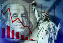 Declining graph, Benjamin Franklin, and Statue of Liberty background.
