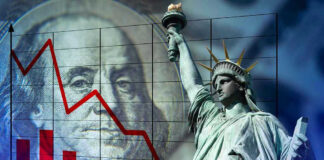 Declining graph, Benjamin Franklin, and Statue of Liberty background.