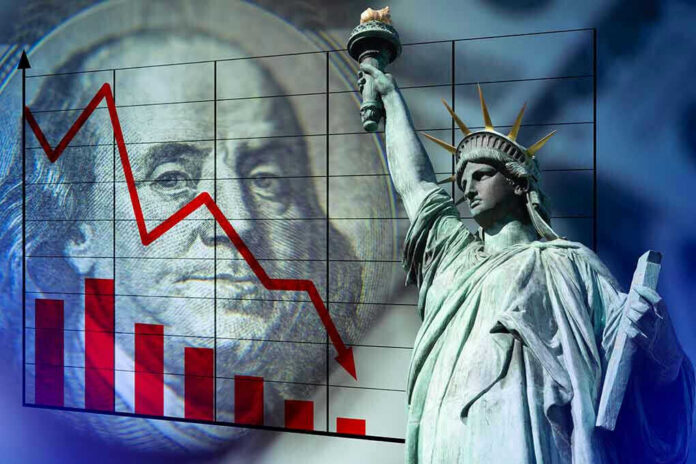 Declining graph, Benjamin Franklin, and Statue of Liberty background.