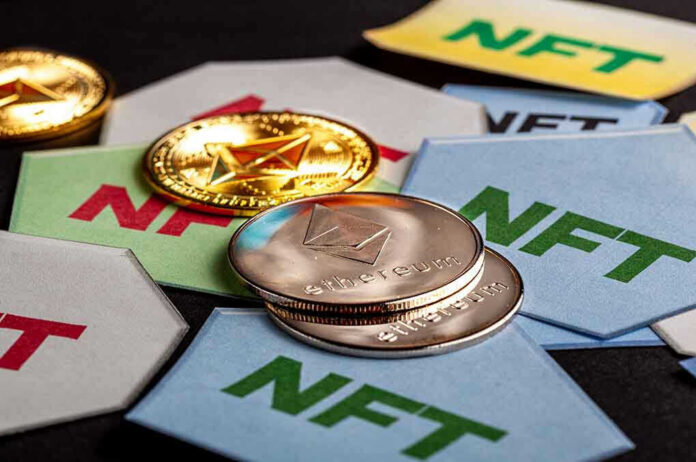 1966009153 Ethereum coins on NFT cards background.