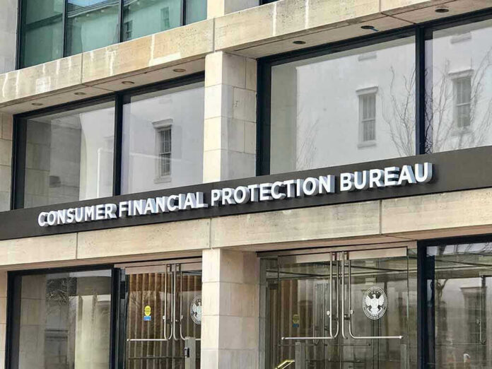 1362403643 Consumer Financial Protection Bureau building entrance sign.