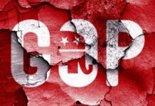 Trump Tsunami in Primaries Cracked wall featuring the GOP logo in red and white