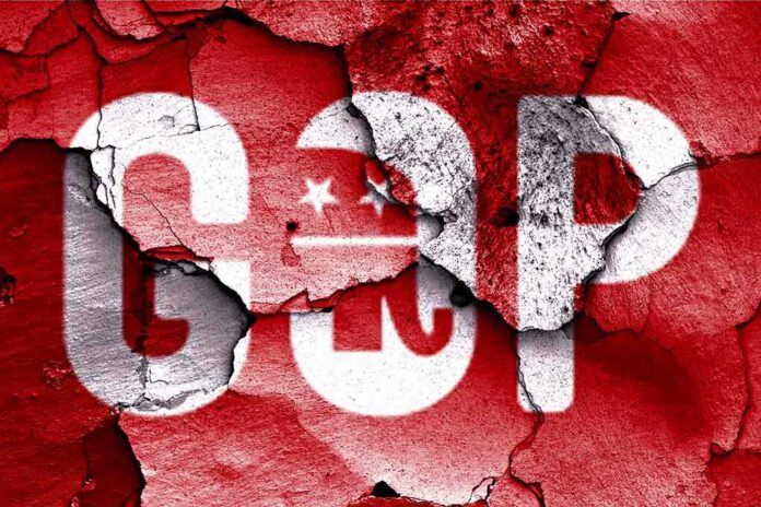 shutterstock_228973474 Cracked wall featuring the GOP logo in red and white