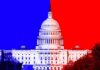 Blue MAGA Civil War Explodes United States Capitol with split red and blue background