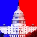 Blue MAGA Civil War Explodes United States Capitol with split red and blue background