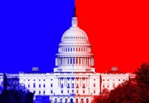 Blue MAGA Civil War Explodes United States Capitol with split red and blue background