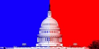 United States Capitol with split red and blue background