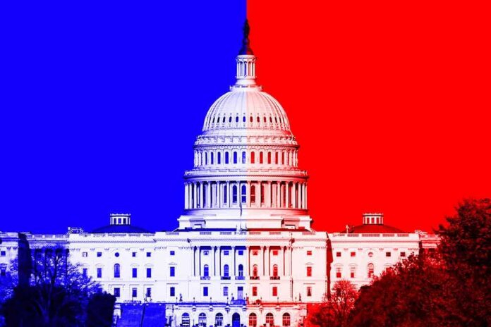 United States Capitol with split red and blue background
