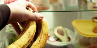 Hand holding two ripe bananas in a refrigerator