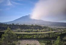 Evacuations Begin As Lava Roars Terraced farmland below a cloud-covered mountain