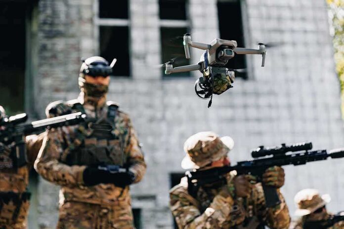 shutterstock_2477270385 Quadcopter drone flying above soldiers in camouflage