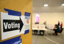 Voting sign on door leading to polling place