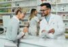 Blindness Signal Shadows Hit Drugs Pharmacist assists customer at pharmacy counter
