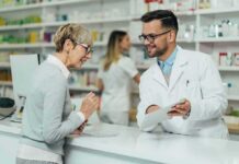 Blindness Signal Shadows Hit Drugs Pharmacist assists customer at pharmacy counter