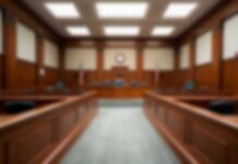 Hung Jury Sparks Justice Meltdown Empty courtroom with wooden benches and judge's bench