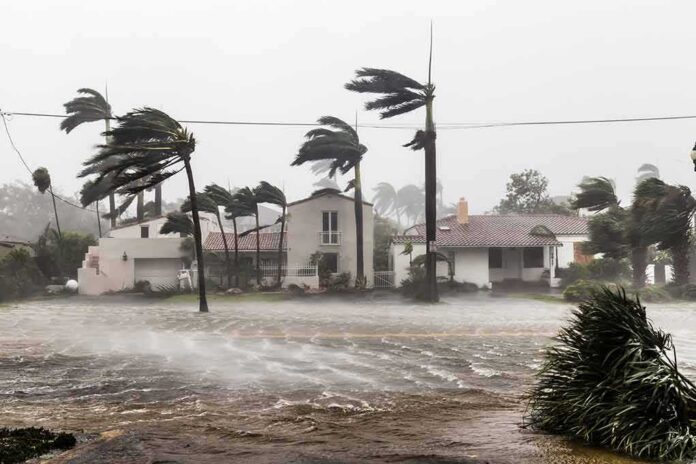 Houses battered by hurricane winds and flooding