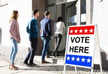 Men Flip Right – Democrats Lose Men voters lining up at a polling place entrance