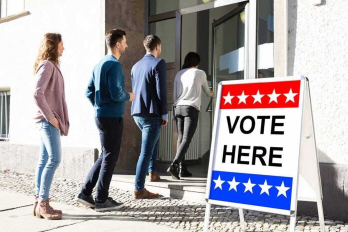 shutterstock_1389236000 voters lining up at a polling place entrance