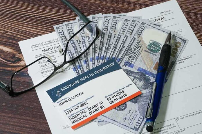 shutterstock_2248274327 Medicare card on paperwork with cash, glasses, and a pen