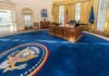 Rare Move? Bishops Huddle With Trump Oval office with wooden desk and blue presidential seal rug