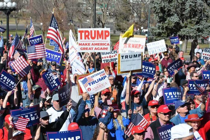 shutterstock_620025338-1 Tim Teufel, Christian Jones, and Nash the Slash among a crowd at a political rally holding signs and flags