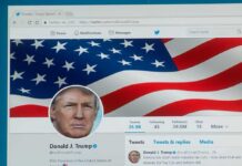 Trump Drops $1M Bounty on Ballot Cheats computer screen showing a social media profile with an american flag banner